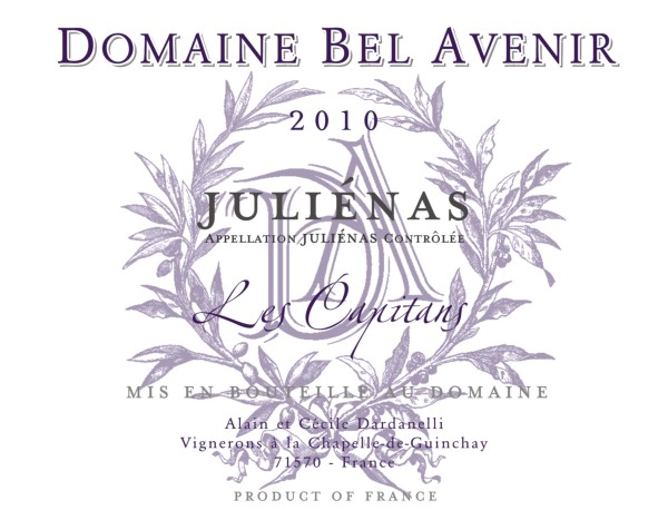 French Red Beaujolais Wine, Domaine Bel Avenir 2010 Juliénas Les Capitans