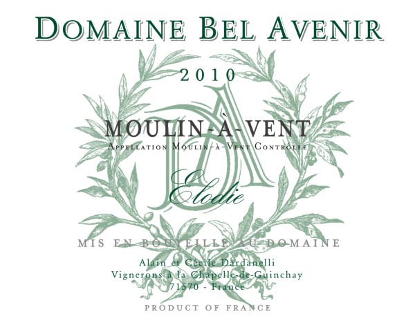 French Red Beaujolais Wine, Domaine Bel Avenir 2010 Moulin-a-Vent Elodie