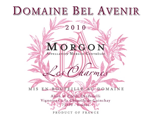 French Red Beaujolais Wine, Domaine Bel Avenir 2010 Morgon Les Charmes